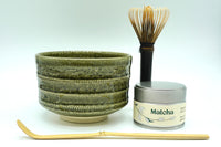 Modern Japanese matcha ceremony kit with chawan whisk and organic matcha