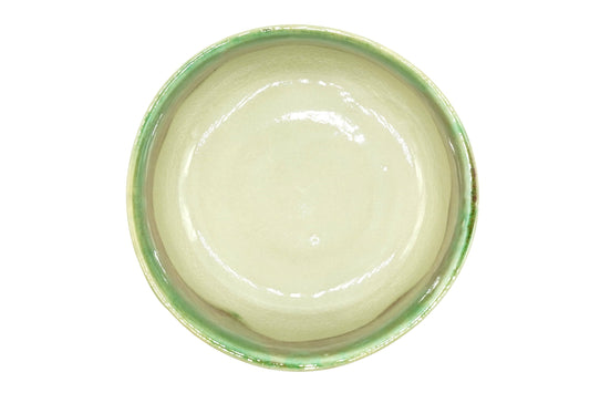 Karamine Chawan seen from above, crackled cream glaze inside with a green ring at the rim