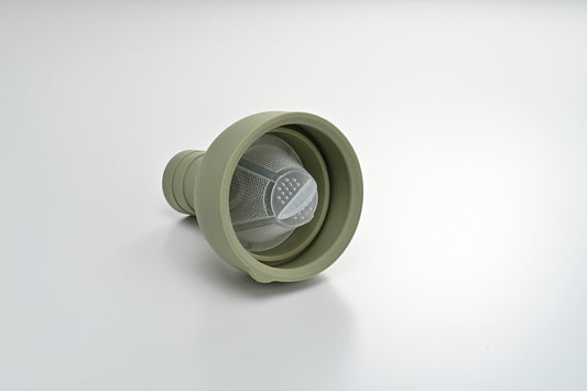 The removable smoky green silicone spout and mesh filter of the HARIO Filter-in Bottle 750ml