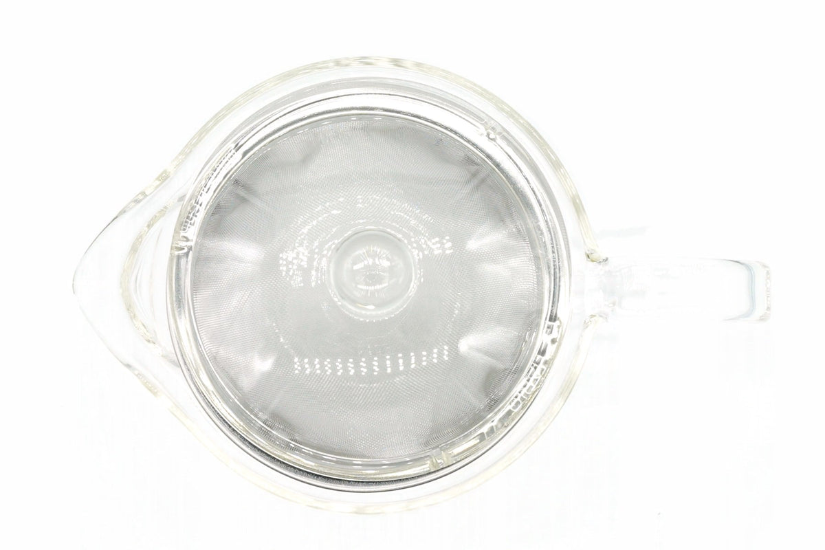 Hario Glass Kyusu 300ml from above with the lid off, showing the wide stainless mesh infuser that fills the pot