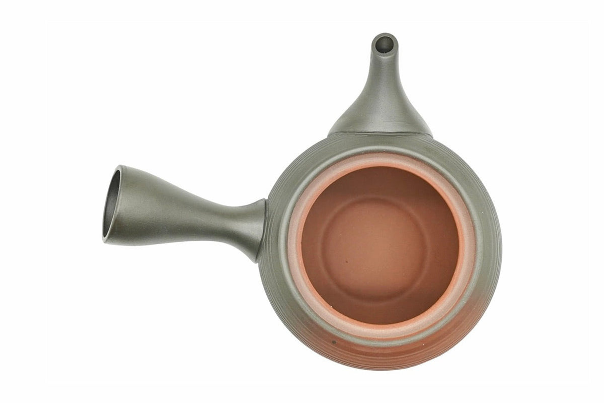 Hinode Kyusu from above with the lid off, showing the bare red shudei clay inside
