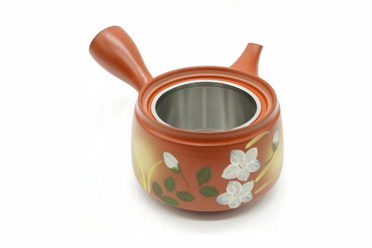 Hinoiri Kyusu with the lid off, the wide stainless mesh basket inside