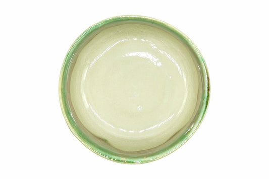 Karamine Chawan seen from above, crackled cream glaze inside with a green ring at the rim