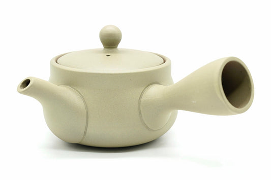 Maneki-Neko Kyusu seen from the spout side, the plain beige clay, EdoMatcha Sydney