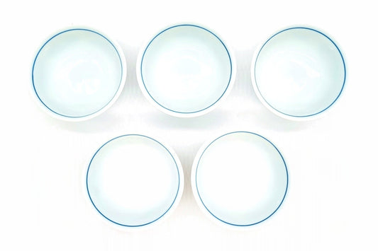Nunome-Ume Yunomi from above, five white cups with a blue line inside the rim