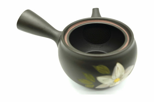 Shiroi Hana Kyusu with the lid off, the ceramic mesh strainer fired into the pot at the spout