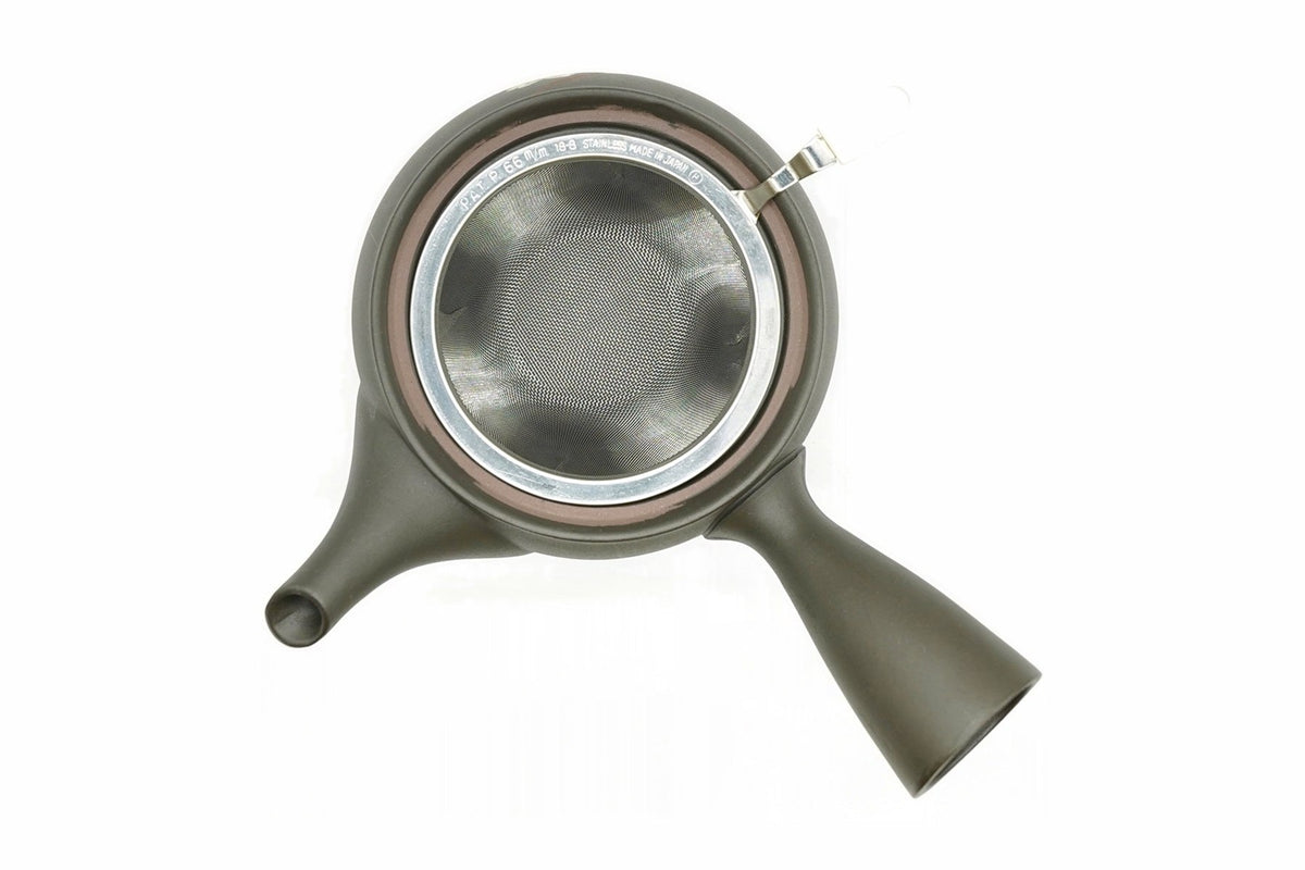 Yamazakura Kyusu from above with the lid off, looking down into the stainless basket strainer