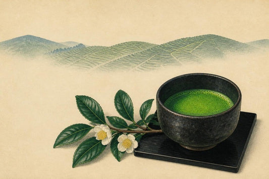 Ukiyo-e style print of a bowl of matcha beside a flowering tea branch, EdoMatcha