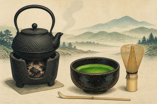 Ukiyo-e style print of an iron kettle steaming beside a bowl of whisked matcha, a bamboo whisk and a tea scoop, EdoMatcha