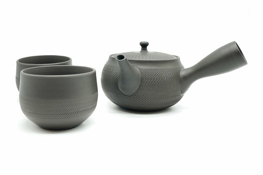 Rikyu Nezumi Japanese tea set: kyusu and two yunomi from Tokoname, EdoMatcha