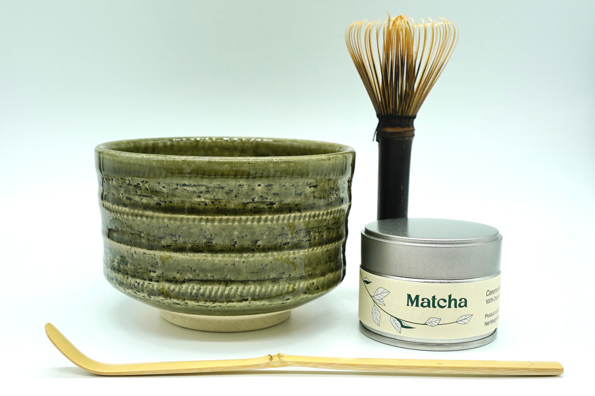 Modern Japanese matcha ceremony kit with chawan whisk and organic matcha
