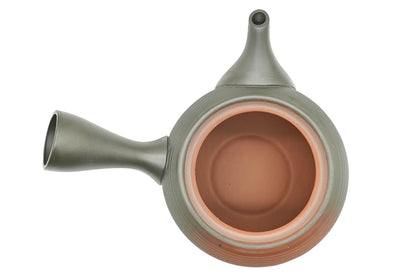 Hinode Kyusu from above with the lid off, showing the bare red shudei clay inside