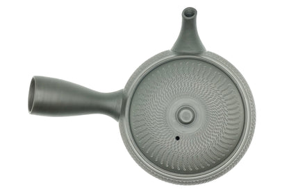 Rikyu Nezumi kyusu seen from above, the lid carved in a spiral of chatter marks
