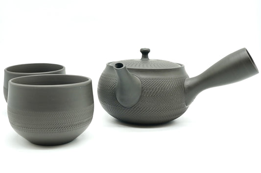 Rikyu Nezumi Japanese Tea Set: a grey-green Tokoname kyusu with carved biri texture and two matching cups