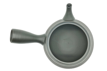 Rikyu Nezumi kyusu from above with the lid off, smooth grey-green interior