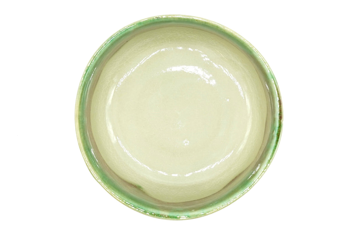 Karamine Chawan seen from above, crackled cream glaze inside with a green ring at the rim