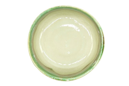 Karamine Chawan seen from above, crackled cream glaze inside with a green ring at the rim