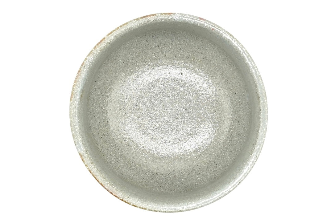 Harugasumi Yunomi seen from above, speckled grey glazed interior