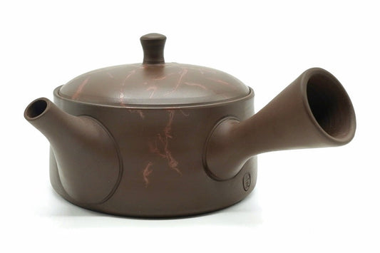 Akane-Shibori Kyusu, a low Tokoname side-handle teapot in dark brown clay with fine pink-red veins