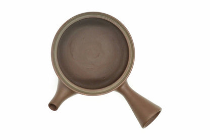 Akane-Shibori Kyusu from above with the lid off, the dark clay inside
