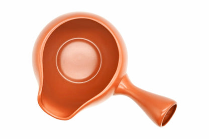 Akane Yuzamashi from above, the plain red-brown inside with the pouring lip at the lower left and the handle at the lower right