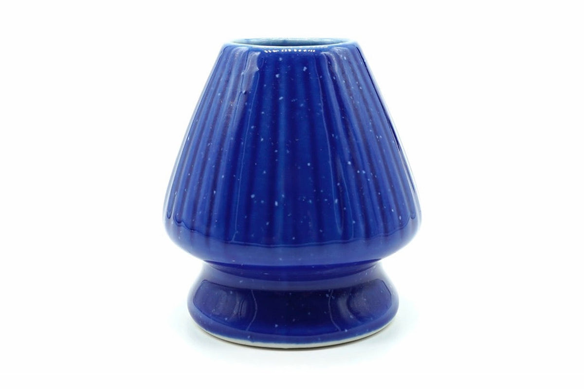 Ao Berubetto Chasen Naoshi, Japanese matcha whisk holder, ribbed ceramic stand in a bright cobalt blue glaze with pale flecks, front view on white