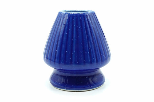 Ao Berubetto Chasen Naoshi, Japanese matcha whisk holder, ribbed ceramic stand in a bright cobalt blue glaze with pale flecks, front view on white