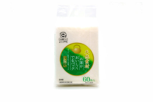 A pack of 60 biodegradable tea filter bags, made in Japan, in its printed wrapper