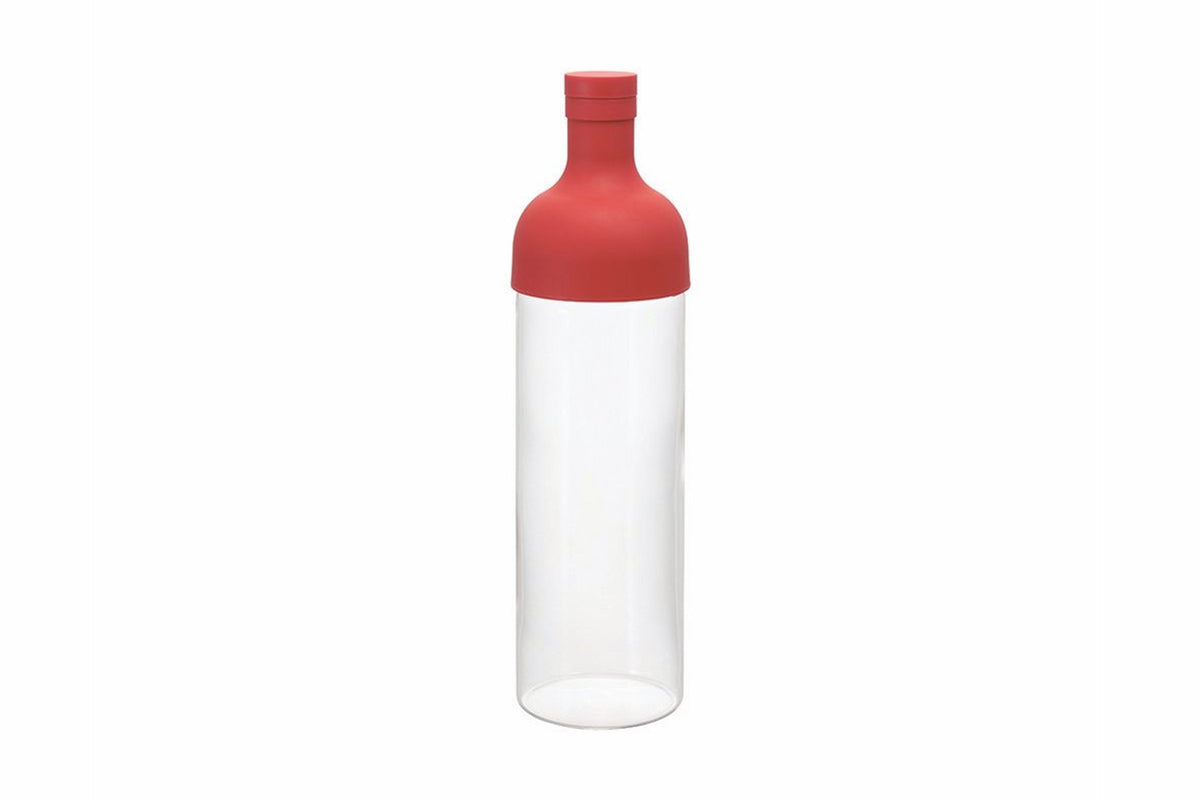 HARIO Filter-in Bottle 750ml in red, cold brew tea bottle with built-in filter, front view on white