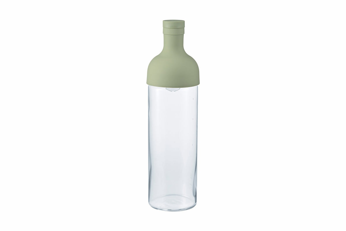 HARIO Filter-in Bottle 750ml in smoky green, cold brew tea bottle with built-in filter, front view on white