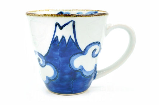 Fuji Kumo Yunomi, a white Mino ware mug hand-painted with a blue Mount Fuji between clouds, front view, EdoMatcha Sydney