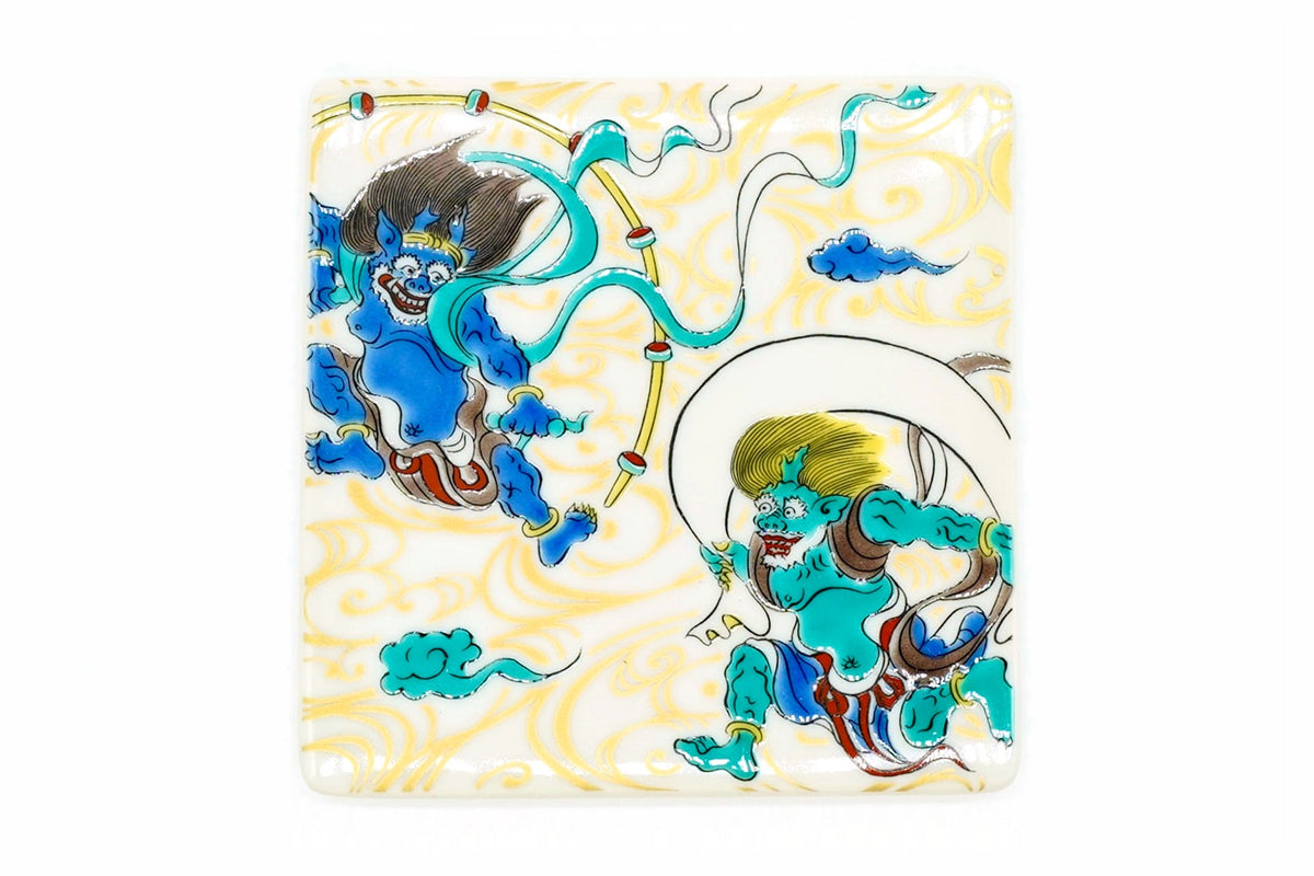 Fūjin and Raijin Coaster, wind god and thunder god, Kutani ware, EdoMatcha