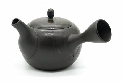 Gyokko Kyusu, a Tokoname teapot with a matte black body and a lid veined in copper-red and silver, side view