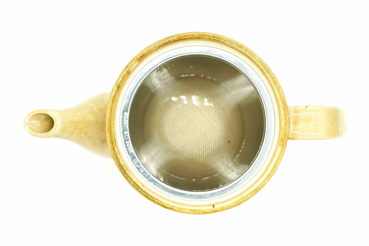 Hanabira Kyusu from above with the lid off, looking down into the basket strainer