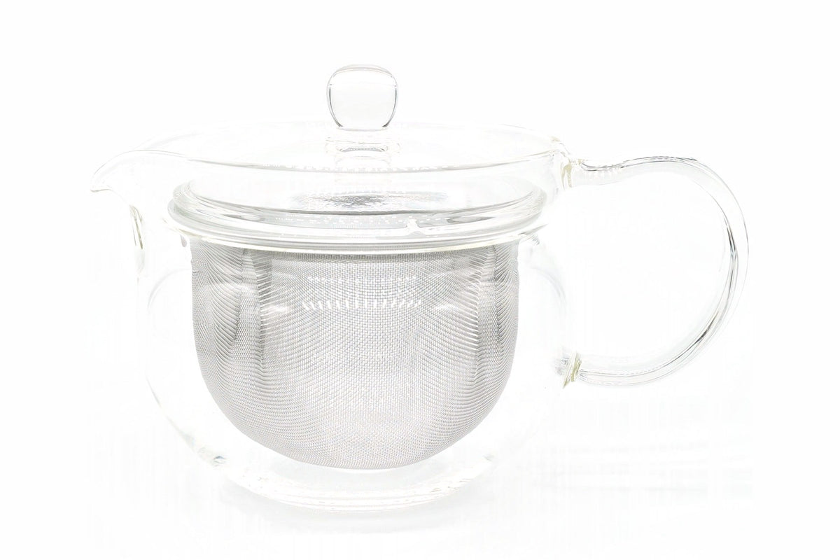 Hario Glass Kyusu 300ml, heat-resistant glass Japanese teapot with a stainless mesh infuser and glass lid, front view