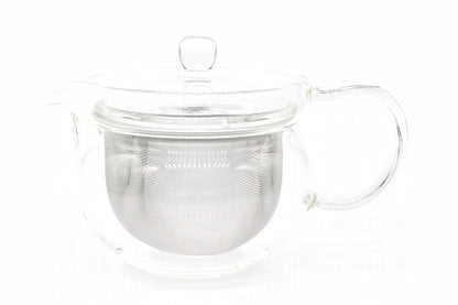 Hario Glass Kyusu 300ml, heat-resistant glass Japanese teapot with a stainless mesh infuser and glass lid, front view