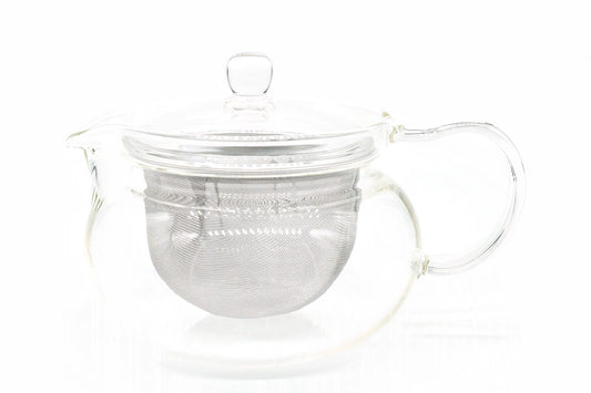 Hario Glass Kyusu 450ml, heat-resistant glass Japanese teapot with a stainless mesh infuser and glass lid, front view