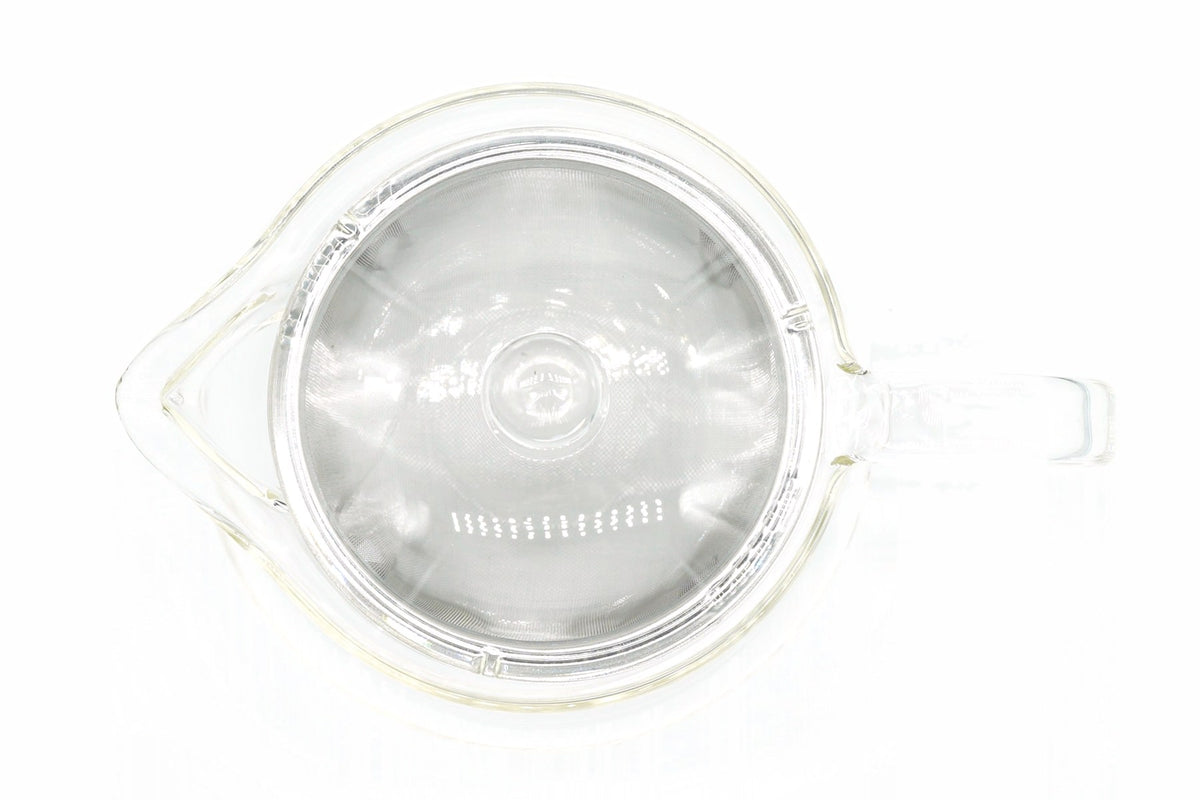 Hario Glass Kyusu 450ml from above with the lid off, showing the wide stainless mesh infuser that fills the pot