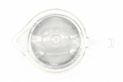 Hario Glass Kyusu 450ml from above with the lid off, showing the wide stainless mesh infuser that fills the pot