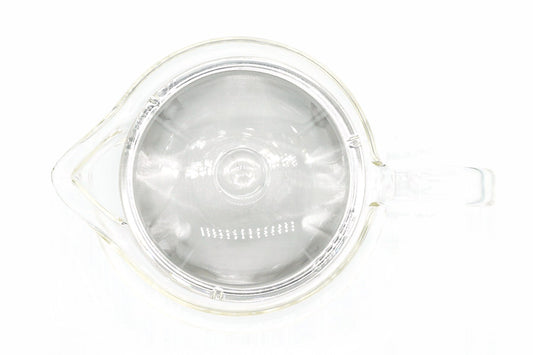 Hario Glass Kyusu 450ml from above with the lid off, showing the wide stainless mesh infuser that fills the pot