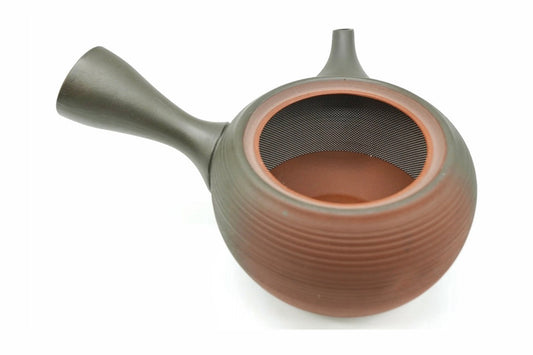 Hinode Kyusu with the lid off, showing the obi-ami stainless mesh band around the inside wall and the red clay interior