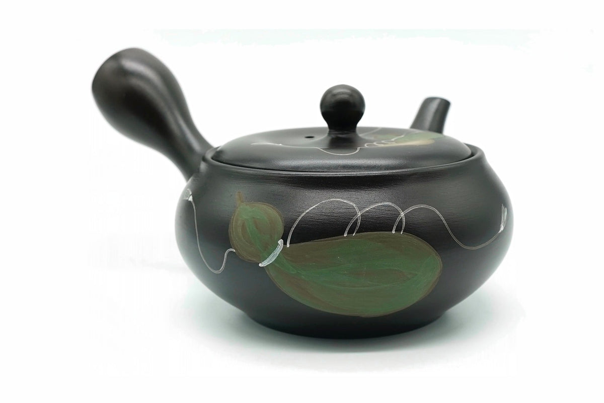 Hyotan Kyusu, a dark Tokoname teapot hand-painted with green bottle gourds on white tendrils, front view