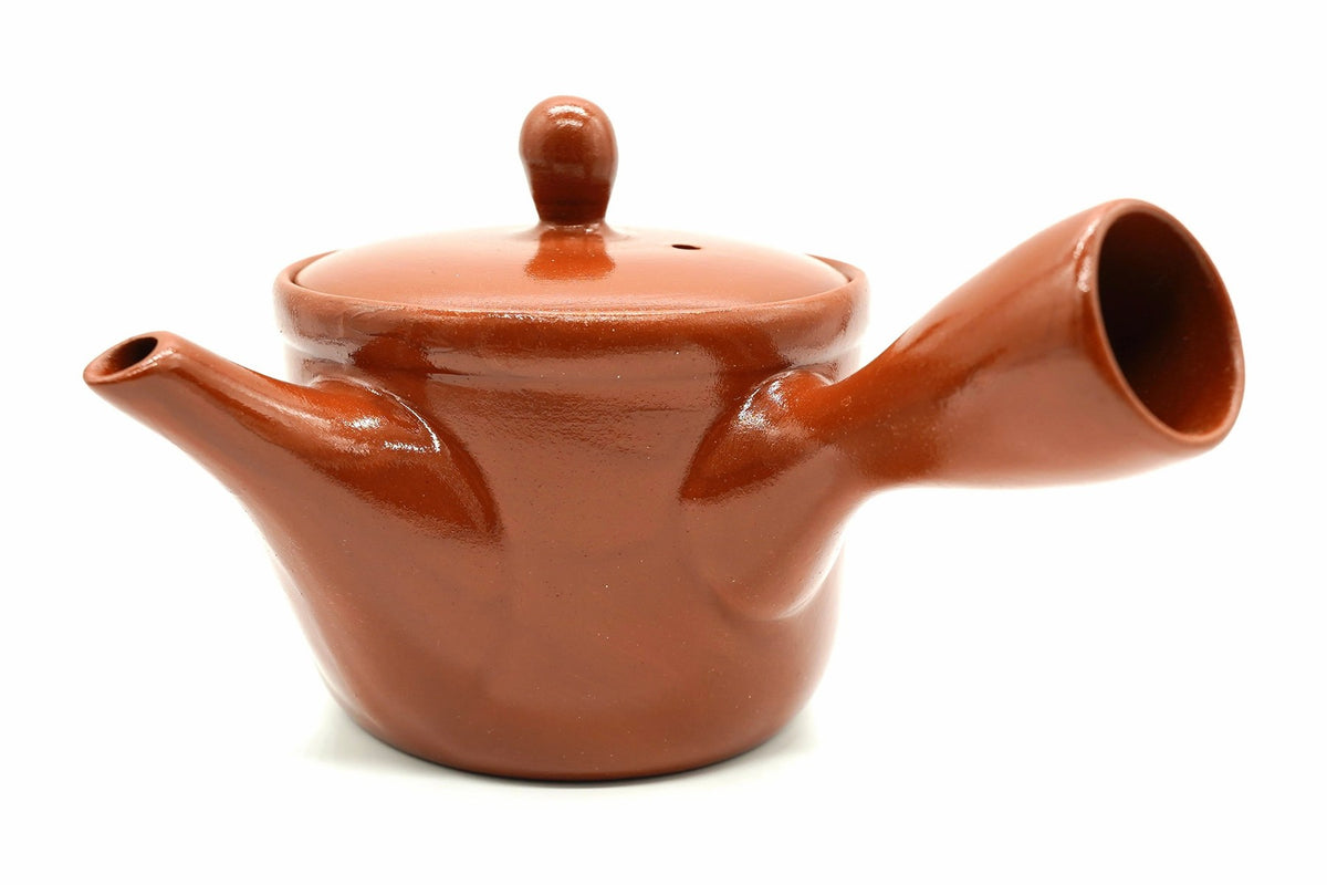 Inaka Kyusu, a glossy vermilion-red teapot, side view, EdoMatcha Sydney