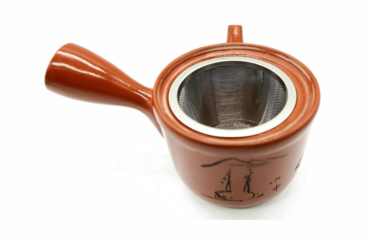 Inaka Kyusu with the lid off, the wide stainless mesh basket and a small ink landscape on the body, EdoMatcha Sydney