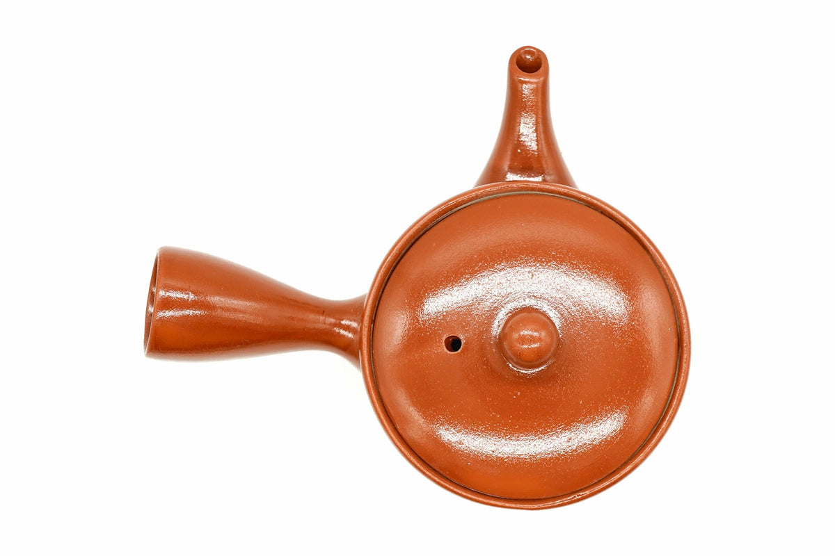 Inaka Kyusu from above, the glossy red lid and side handle, EdoMatcha Sydney