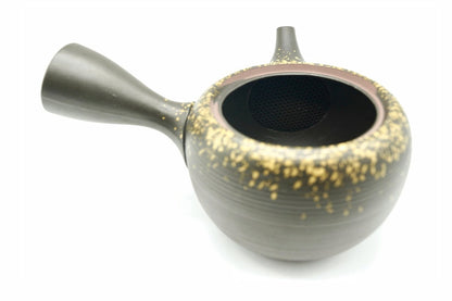 Kanefuki Kyusu with the lid off, the ceramic mesh strainer fired into the pot at the spout