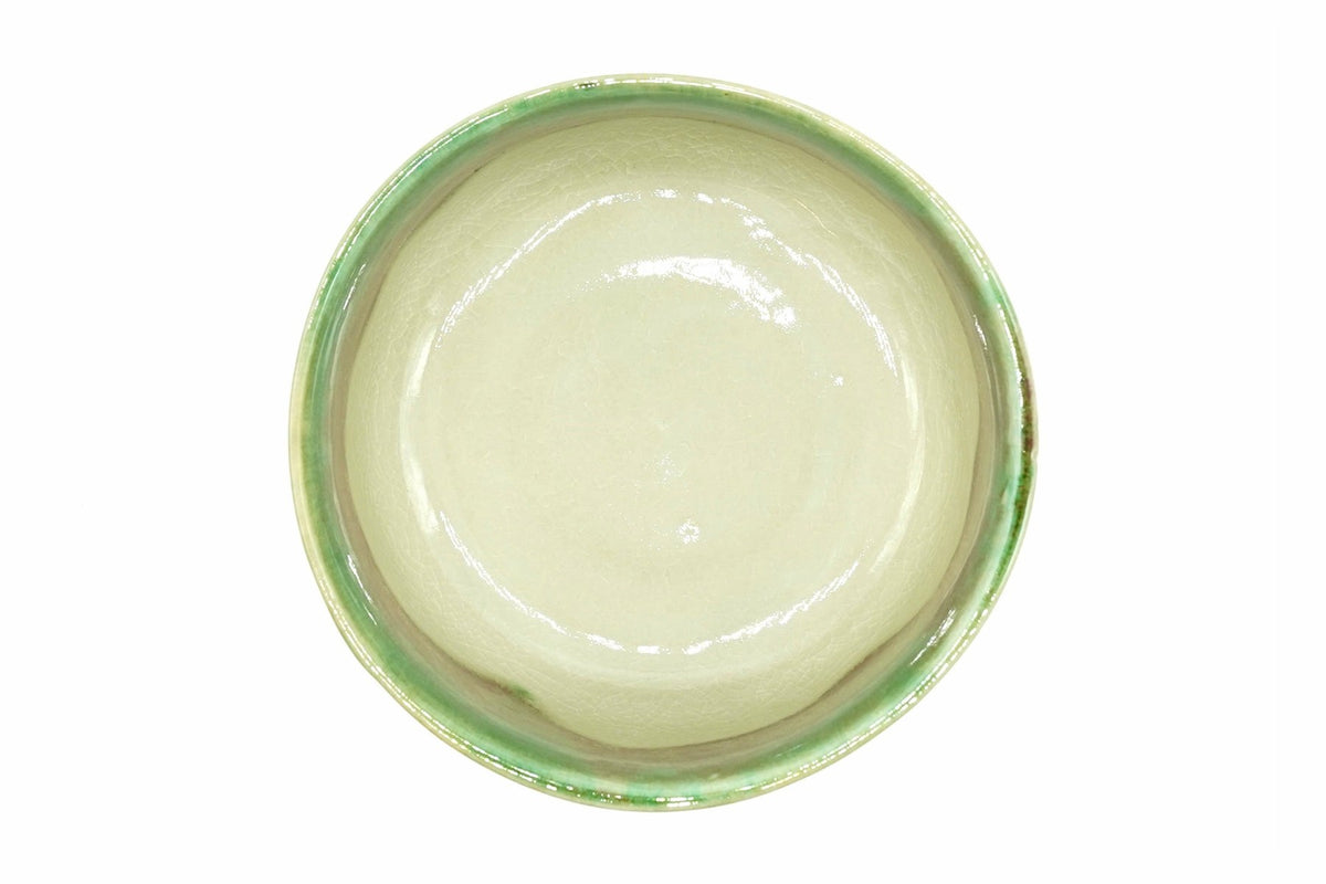 Karamine Chawan seen from above, crackled cream glaze inside with a green ring at the rim