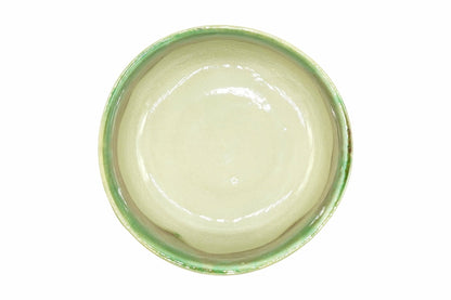 Karamine Chawan seen from above, crackled cream glaze inside with a green ring at the rim