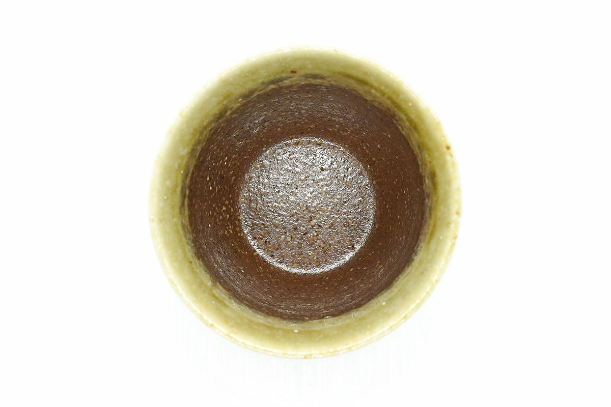 Kazan Yunomi from above, the glossy dark brown inside ringed with pale glaze