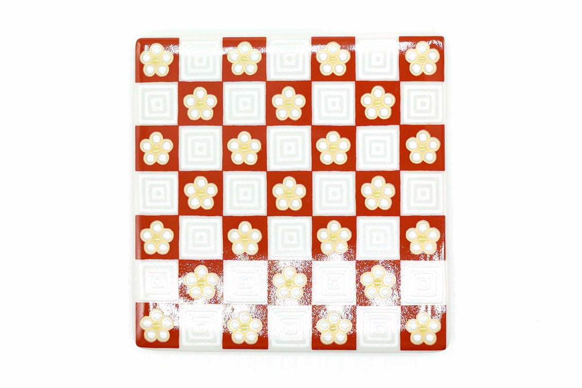 Kin Ume Coaster, white plum blossoms edged in gold on a red and white chequer, Kutani Ware, Made in Japan, EdoMatcha